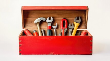 Poster - A bright red wooden toolbox open, displaying a variety of tools inside, centered on a white background, capturing a simple and effective design