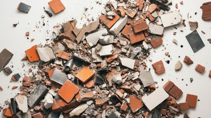 Poster - A chaotic arrangement of construction rubble--bricks, blocks, and steel pieces--spread across a minimalist white surface, emphasizing the rugged nature of demolition debris