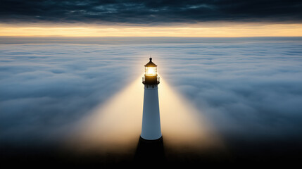 Sticker - stunning lighthouse shines brightly through foggy clouds at sunset