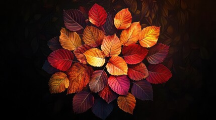 Poster - A circular arrangement of autumn leaves in vibrant tones, softly illuminated by golden light, set against a dark background to enhance the colors