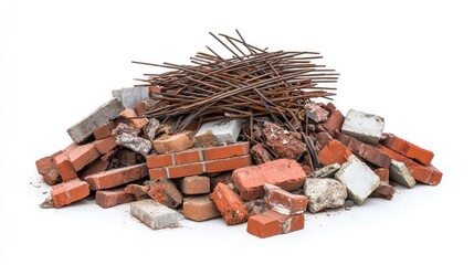 Aufkleber - A cluttered construction waste pile, featuring red bricks, cement blocks, and tangled metal rods, isolated on a white background, emphasizing industrial debris