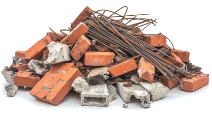 Aufkleber - A cluttered construction waste pile, featuring red bricks, cement blocks, and tangled metal rods, isolated on a white background, emphasizing industrial debris