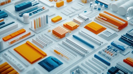 Poster - Abstract 3D geometric shapes in orange, blue, and white.