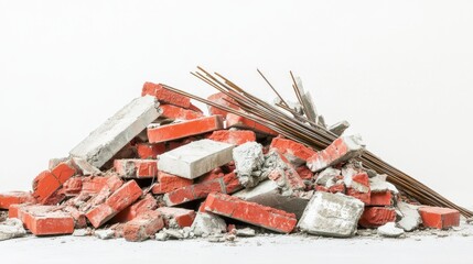 Poster - A construction site waste pile, featuring red bricks, cracked cement blocks, and metal rods, scattered on a clean white backdrop, capturing industrial destruction