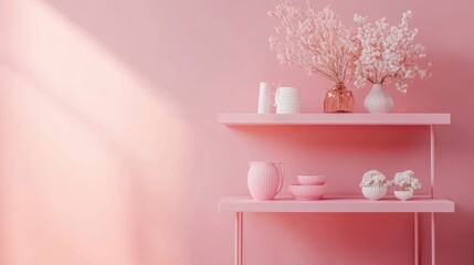 Poster - A cute, modern pink shelf and table setup in a soft pink room, adding a touch of personality and charm to the interior design