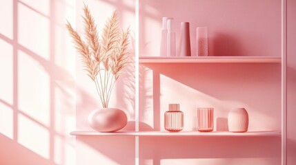 Poster - A cute, modern pink shelf and table setup in a soft pink room, adding a touch of personality and charm to the interior design