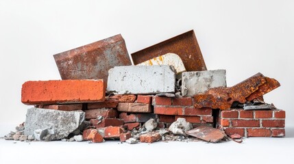 Poster - A detailed side view of construction garbage, showing red bricks, concrete blocks, and rusted metal on a clean white background