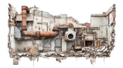 Poster - A detailed view of a demolished building, with exposed pipes and rubble, isolated on a white background, capturing the raw destruction and industrial remnants
