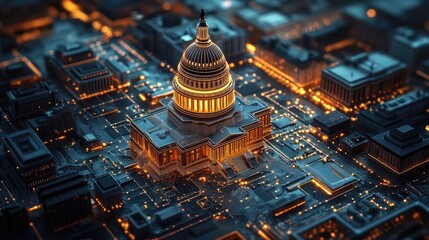 Poster - A digital, circuit board version of the U.S. Capitol building, illuminated with internal and surrounding glowing lights, seen from above for a modern twist
