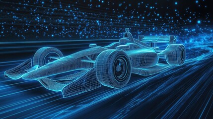 Poster - A dynamic wireframe hologram of an Indy car racing on the track, glowing blue lights and detailed racing wheels conveying speed and technology