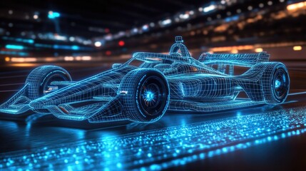 Poster - A dynamic wireframe hologram of an Indy car racing on the track, glowing blue lights and detailed racing wheels conveying speed and technology