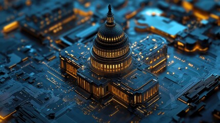 Poster - A futuristic interpretation of the U.S. Capitol building, constructed from circuit boards, with glowing lights from within and around, viewed from above