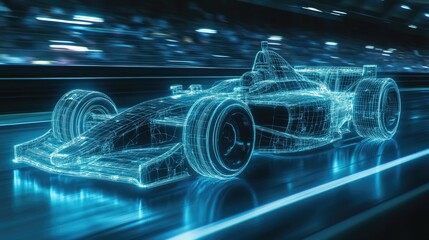 Poster - A futuristic wireframe hologram of an Indy car speeding on a race track, glowing blue lights highlighting motion and the detailed racing wheels