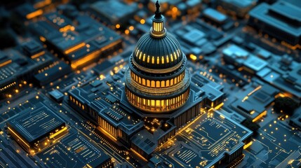 Poster - A futuristic interpretation of the U.S. Capitol building, constructed from circuit boards, with glowing lights from within and around, viewed from above