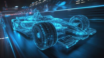 Poster - A futuristic wireframe hologram of an Indy car speeding on a race track, glowing blue lights highlighting motion and the detailed racing wheels