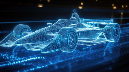 Poster - A glowing wireframe hologram of an Indy car on the track, showcasing detailed racing wheels and low-profile tires as it speeds forward