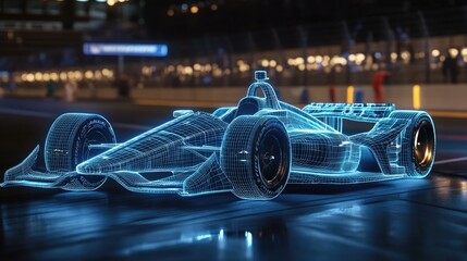 Poster - A glowing wireframe hologram of an Indy car on the track, showcasing detailed racing wheels and low-profile tires as it speeds forward