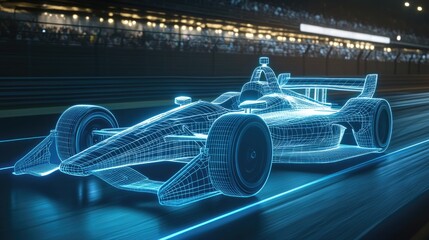 Poster - A glowing wireframe hologram of an Indy car on the track, showcasing detailed racing wheels and low-profile tires as it speeds forward