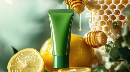 Poster - A green blank cosmetic tube resting on a lemon, with honey dripping from a honeycomb, evoking a fresh and natural skincare theme