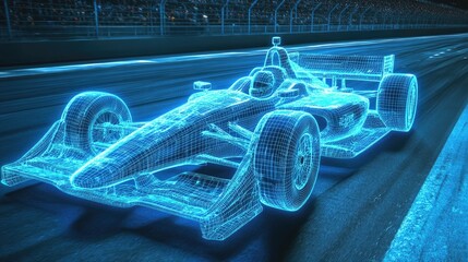 Poster - A holographic wireframe of an Indy car, glowing in blue light, speeding along a racetrack with a sense of dynamic motion and sleek design