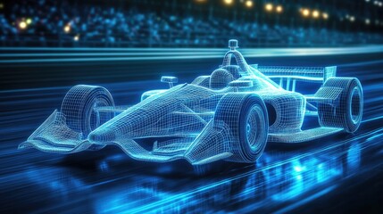 Poster - A holographic wireframe of an Indy car, glowing in blue light, speeding along a racetrack with a sense of dynamic motion and sleek design