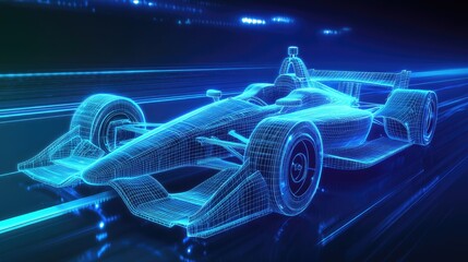 Poster - A holographic wireframe of an Indy car, glowing in blue light, speeding along a racetrack with a sense of dynamic motion and sleek design