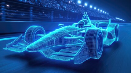 Poster - A holographic wireframe of an Indy car, glowing in blue light, speeding along a racetrack with a sense of dynamic motion and sleek design