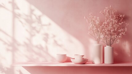 Poster - A light and airy pink room with a pink shelf and matching table, creating a cohesive and serene color palette