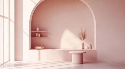 Poster - A light and airy pink room with a pink shelf and matching table, creating a cohesive and serene color palette