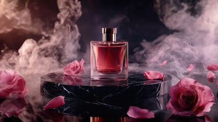 Aufkleber - A luxurious perfume bottle placed on a sleek black marble pedestal, surrounded by swirling smoke and delicate rose petals, capturing a mystical, sophisticated vibe