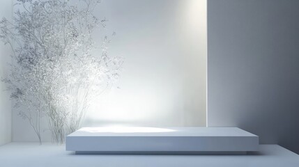 Aufkleber - A minimalist white podium illuminated by soft white light, centered in a sleek, modern studio room, creating a clean, elegant atmosphere