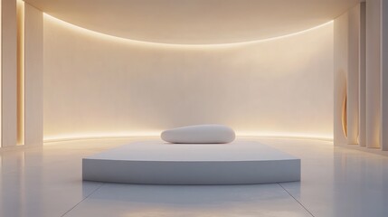 Aufkleber - A minimalist white podium illuminated by soft white light, centered in a sleek, modern studio room, creating a clean, elegant atmosphere