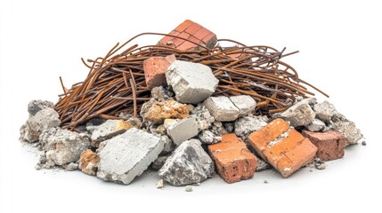 Poster - A pile of construction site waste, including red bricks, cracked cement blocks, and tangled metal rods, isolated on a white background, showcasing industrial debris