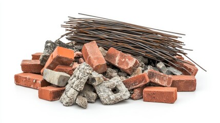 Poster - A pile of construction site waste, including red bricks, cracked cement blocks, and tangled metal rods, isolated on a white background, showcasing industrial debris