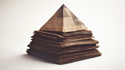 Poster - A pyramid-shaped stack of aged, vintage newspapers, carefully placed on a white background to highlight the timeworn texture and faded print
