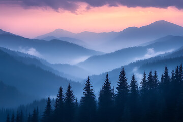 Naklejka na meble Enchanting mountain landscape at twilight, featuring layers of misty peaks and silhouetted pine trees under a dramatic purple and pink sky.