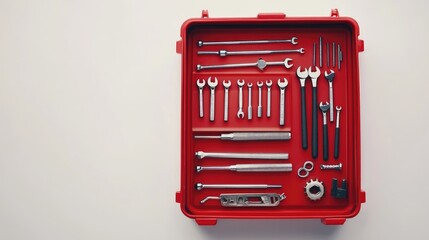Poster - A red toolbox containing screws, nails, and various tools, positioned on a white background, creating a neat and functional workspace