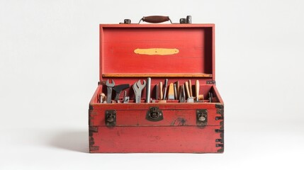 Poster - A red wooden toolbox, filled with various tools, positioned against a clean white backdrop, offering a clear view of its contents and vibrant color