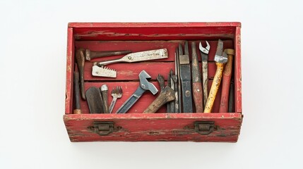Poster - A red wooden toolbox, filled with various tools, positioned against a clean white backdrop, offering a clear view of its contents and vibrant color