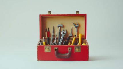 Poster - A red wooden toolbox, filled with various tools, positioned against a clean white backdrop, offering a clear view of its contents and vibrant color