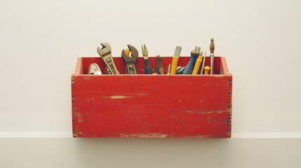 Poster - A red wooden toolbox, filled with various tools, positioned against a clean white backdrop, offering a clear view of its contents and vibrant color