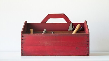 Poster - A red-painted wooden toolbox with tools visible inside, placed neatly on a white surface, highlighting its practicality and bold color
