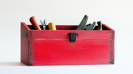 Poster - A red-painted wooden toolbox with tools visible inside, placed neatly on a white surface, highlighting its practicality and bold color