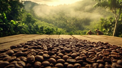 Poster - A rustic shot of roasted coffee beans on a wooden floor, with coffee farmers working on a plantation surrounded by coffee trees on a hill, capturing the coffee production process