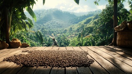 Poster - A rustic shot of roasted coffee beans on a wooden floor, with coffee farmers working on a plantation surrounded by coffee trees on a hill, capturing the coffee production process