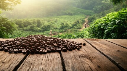 Poster - A rustic shot of roasted coffee beans on a wooden floor, with coffee farmers working on a plantation surrounded by coffee trees on a hill, capturing the coffee production process