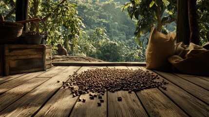 Poster - A rustic shot of roasted coffee beans on a wooden floor, with coffee farmers working on a plantation surrounded by coffee trees on a hill, capturing the coffee production process