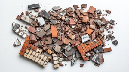 Poster - A scattered pile of construction rubble, including bricks, blocks, and steel pieces, arranged on a minimalist white background to emphasize the industrial mess