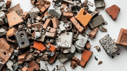 Poster - A scattered pile of construction rubble, including bricks, blocks, and steel pieces, arranged on a minimalist white background to emphasize the industrial mess