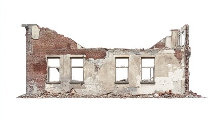 Poster - A side angle of a demolished building, with broken windows and crumbled bricks, isolated on white, emphasizing the aftermath of destruction